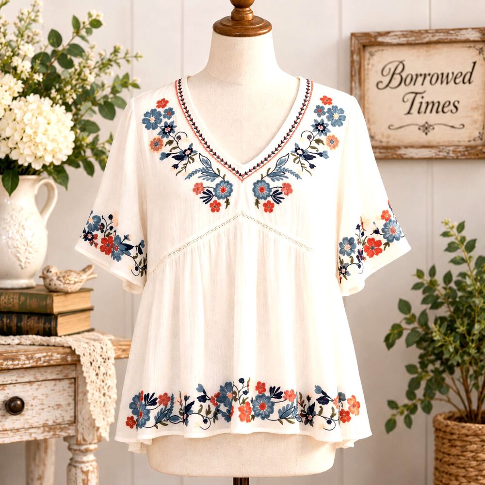 Knox Rose Boho Embroidered Gauze Top Floral Rayon Flowy Blouse Size XL